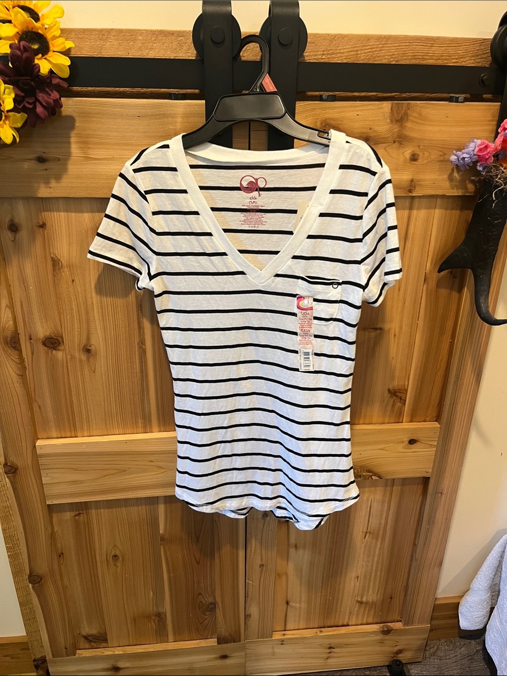 OP White V-Neck Tee with Black Stripes and Chest Pocket